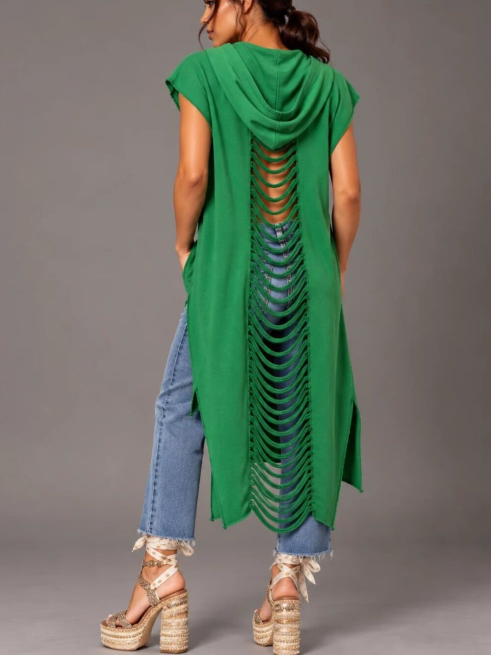 TOV Los Angeles Green Hooded Shredded Back Maxi Dress Tunic Cotton Blend- NWT